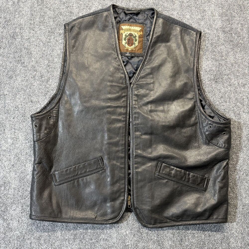 Europe Craft Men's Black Leather Motorcycle Biker Vest Quilted Lined Size Large